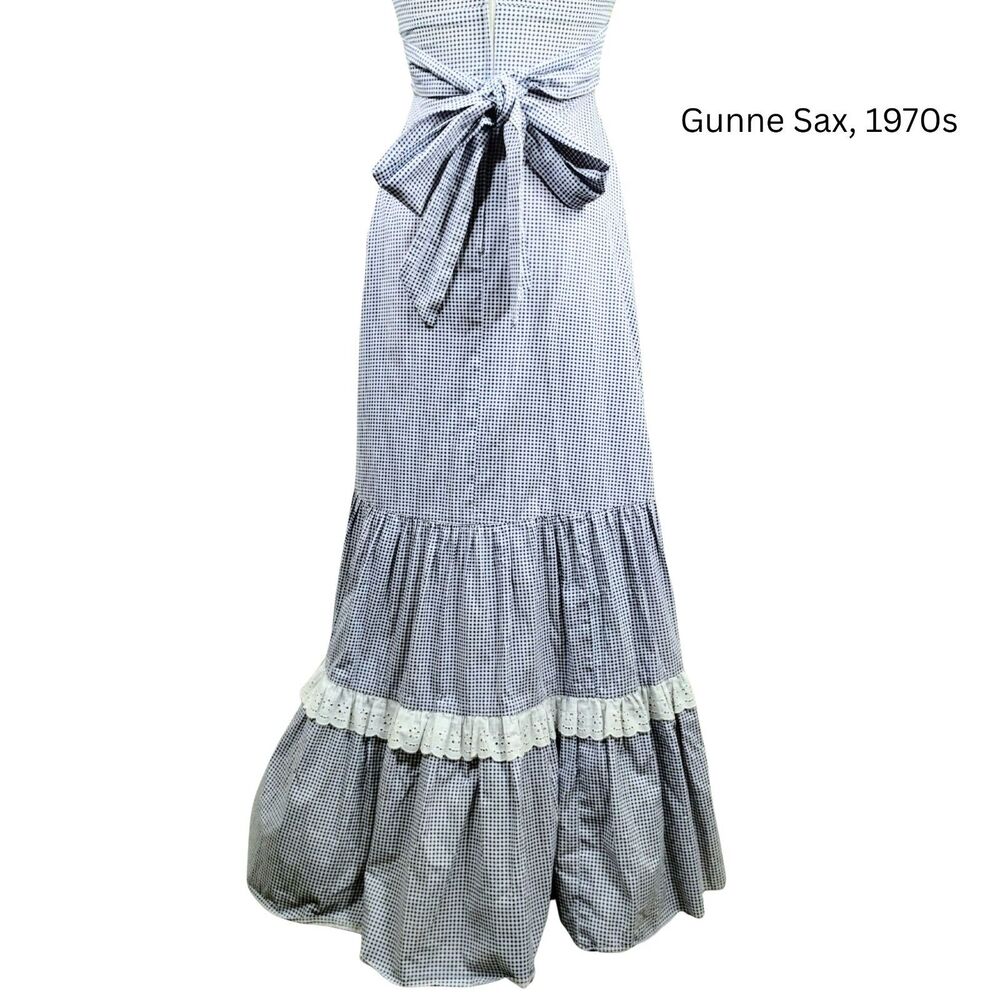 Vtg 70s Gunne Sax Maxi Dress cotton lace collar gingham blue check XS - Picture 4 of 9
